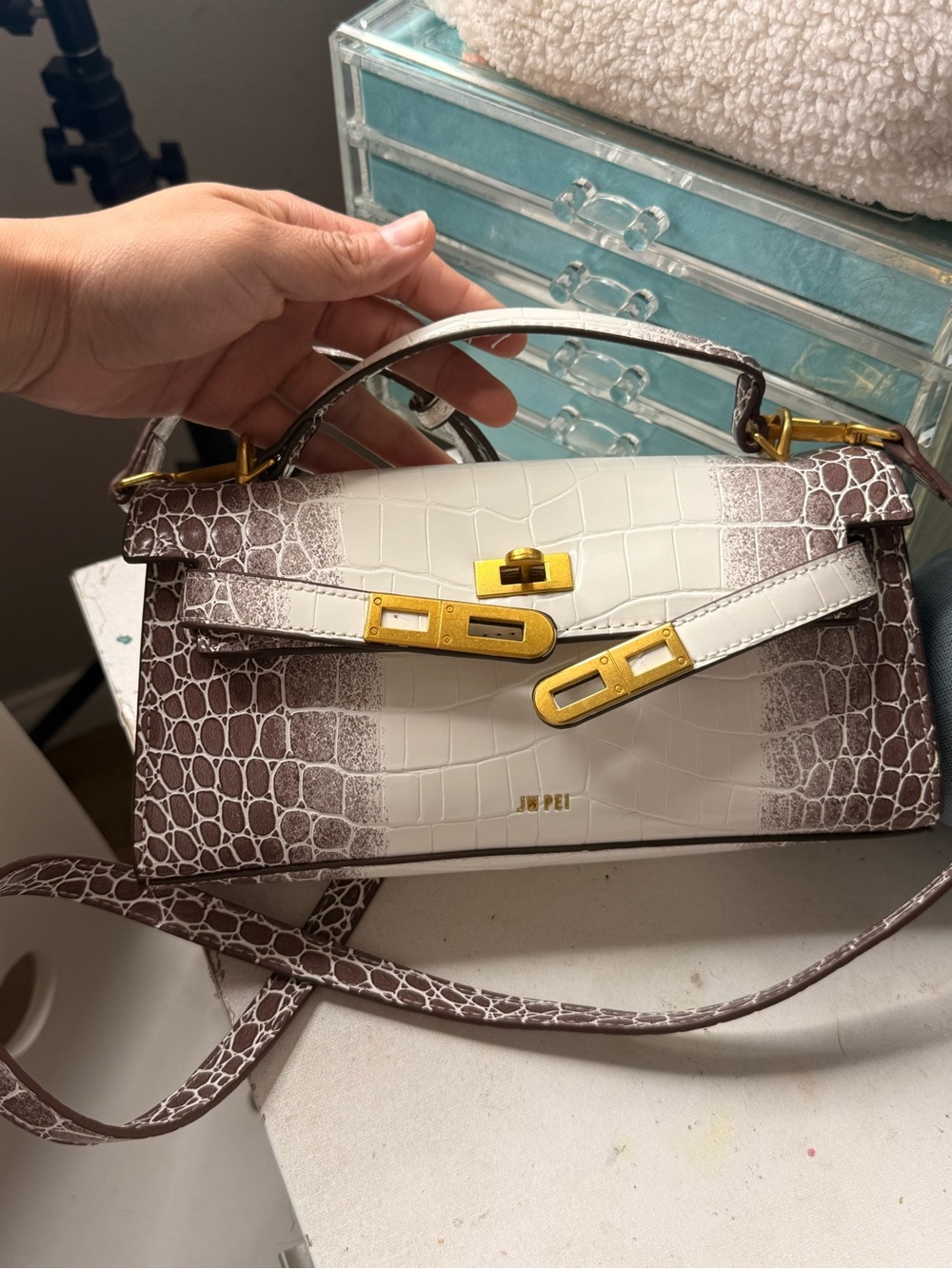 JW PEI White and Brown Croc-Embossed Top Handle Satchel